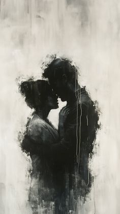 an abstract painting of two people embracing each other in front of a white background with black and grey colors