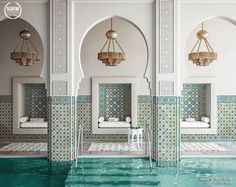 an indoor swimming pool with chandeliers hanging from the ceiling