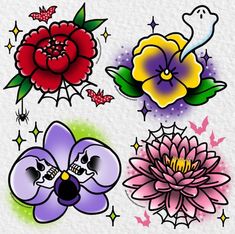 four different colored flowers with leaves and stars on the bottom one is red, yellow, purple, and green