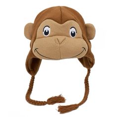 a brown monkey hat with big eyes