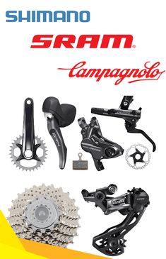 image of bicycle groupset parts with top brands logos above Mountain Bikes, Mountain Biking, Top Brands