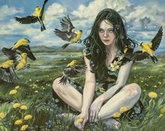 a painting of a woman sitting in the grass with birds flying around her and yellow flowers