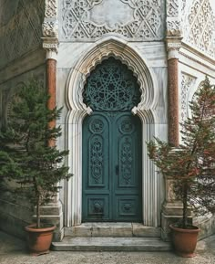 an ornate doorway with potted trees in front of it