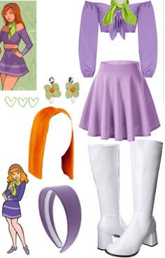 the costume is purple and has white boots, an orange hair, and a green bow tie