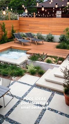 an outdoor hot tub in the middle of a patio with chairs and lights above it