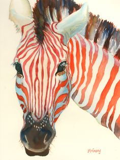 a painting of a zebra's head with red, white and blue stripes on it