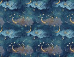 the night sky with stars and crescents painted in gold on blue watercolor paper