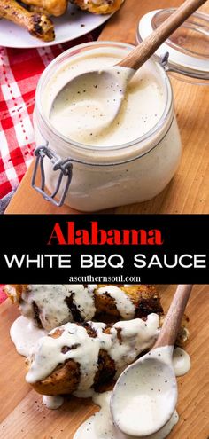 white bbq sauce in a jar with spoons on the side and grilled chicken wings next to it