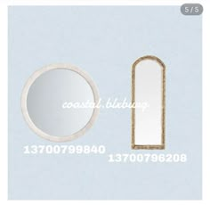 a white mirror and a gold framed mirror on a light blue background with the words coastal bedding above it