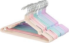 multicolored clothes hangers are stacked on top of each other