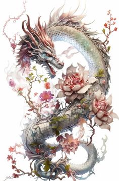 a painting of a dragon and flowers on a white background