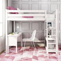 Component Max & Lily Desk For High Loft Bed White High Loft Bed, Loft Bed Desk, Girls Loft Bed, Loft Beds For Small Rooms, Bed With Bookcase, Bed For Girls Room, Beds For Small Rooms, Loft Bed Plans, Loft Bed With Desk