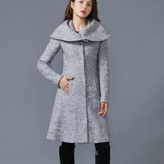 Wrap Midi Coat Winter Overcoat With Belt For Women Luca 2 | Etsy Elegant Gray Wool Coat For Office, Elegant Gray Pea Coat For Office, Winter Formal Outerwear With Stand Collar, Formal Stand Collar Outerwear For Winter, Elegant Gray Sweater Coat For Work, Formal Outerwear With Stand Collar For Winter, Elegant Gray Wool Coat For Formal Occasions, Elegant Outerwear For Cold Weather In Fall, Elegant Cold Weather Outerwear For Fall