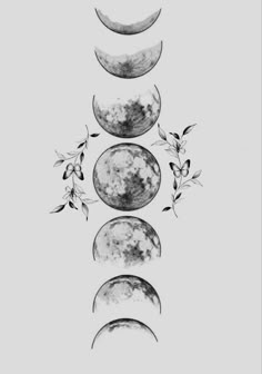 three phases of the moon in black and white with leaves on each side, as well as