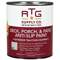 a can of paint that is red and white with the words, deck porch & patio anti - slip paint