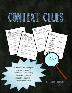 Help your students improve their reading comprehension with these 6 activities designed to give students confidence in using context clues to better understand what they are reading. Includes: Using Context Clues 1 and 2 (figuring out the meaning of nonsense words), 2 Class Activities, Context Clue Matching Cards (24), and Synonyms worksheet. Synonyms Worksheet, Teaching Critical Thinking, Word Skills, Education Tips, Teacher Board, Nonsense Words, Future Teacher, Homeschool Kids