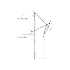 a drawing of a floor lamp with measurements for the arm and base, from an angle