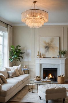 a living room filled with furniture and a fire place under a chandelier hanging from the ceiling