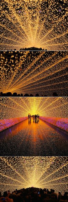 three different images of people standing in the middle of a field with lights on them