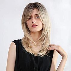 Long Layered Hair With Side Bangs, Ombre Blonde Wig, Blonde Wig With Bangs, Shoulder Length Layered Hair, Blonde Hair With Roots, Short Shag Hairstyles, Straight Wigs, Ombre Blonde, Shag Hairstyles