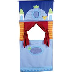 a blue and red play tent with a castle on the top, sitting in front of a white background