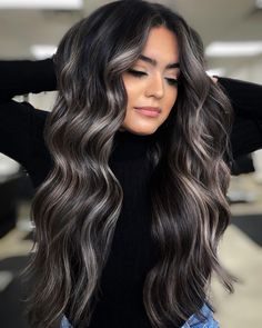 Black And Ash Blonde Hair Highlights, Dark Hair Peek A Boo Highlights, Black Hair With Lots Of Blonde Highlights, Hair Dye To Blend Grey, Black Hair Bottom Highlights, Soft Black With Highlights, Dark Black Brown Hair With Highlights, Partial Blonde Highlights On Black Hair, Dark Hair With Highlights 2023