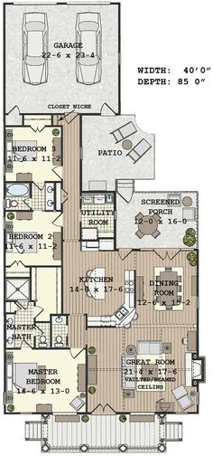 the floor plan for a two story house with three car garages and an attached deck