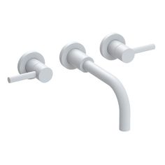 two white wall mounted bathroom faucets with handles and spouting on each side