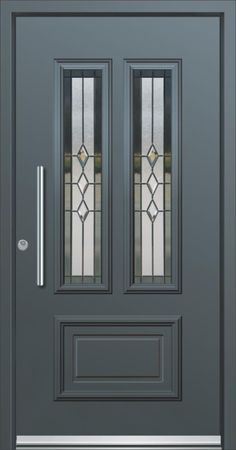 a gray front door with two glass panels