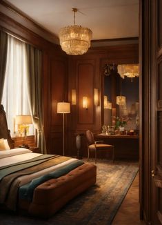 a large bed sitting in a bedroom under a chandelier next to a window