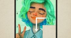 a drawing of a person with green hair and blue eyes making the v sign in front of them