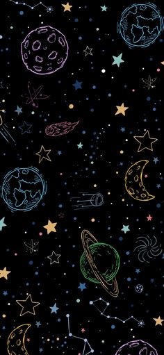 an image of the outer planets and stars on a black background that is drawn with crayons