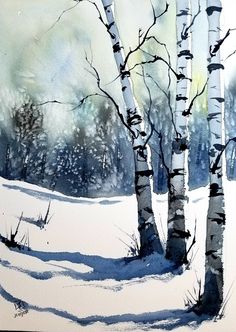 watercolor painting of trees in the snow