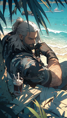 an image of a man sitting on the beach talking on his cell phone while holding a drink