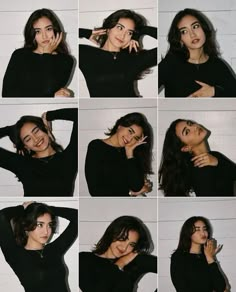 many different pictures of a woman posing with her hands on her head and holding her hand to her face