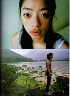 two different pictures of a woman standing in front of water and trees, one is looking at the camera