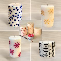 four different types of candles with designs on them