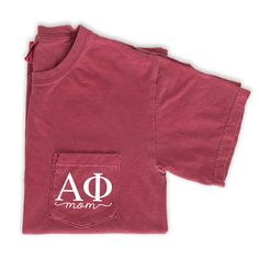 Alpha Phi Mom Comfort Colors Pocket Tee Shirt This cute pocket tee makes a great gift for any Alpha Phi mom! Comfort Colors Pocket T-shirts are pre-shrunk and have a pocket on the left chest. These shirts are very comfortable and machine washable. Please click here to view other items: http://www.etsy.com/shop/GoGreekChic Alpha Chi Omega Shirts, Pocket Tee Shirts, Go Greek, Alpha Gamma Delta, Kappa Alpha Theta, Alpha Sigma Alpha, Block Letters, Alpha Chi Omega, Delta Gamma