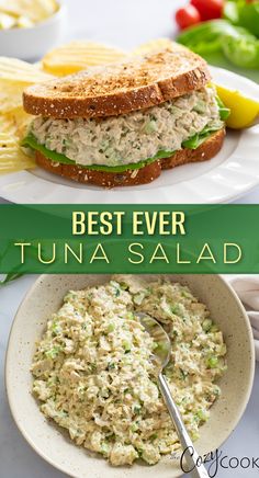 Tuna Salad in a bowl and tuna salad in a sandwich Crunchy Tuna Salad, Tuna Salad For Sandwiches, Tuna Salad With Dill Relish, Shredded Fish Recipes, Tuna Salad With Lemon Juice, Lemon Dill Tuna Salad, Best Tuna Salad Recipe Sandwiches, Tuna And Lettuce Salad, No Mayo Tuna Salad Recipe