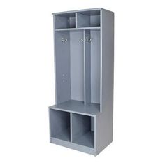 a gray locker with two doors and shelves on the bottom shelf is shown against a white background