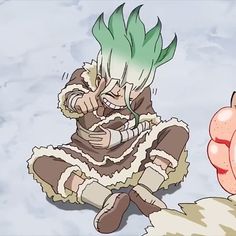 a cartoon character sitting on the ground with green hair