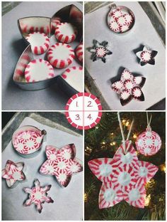 christmas ornaments are being made with red and white icing on the top, bottom, and bottom