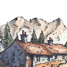 a drawing of a house in the mountains