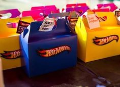 hot wheels themed birthday party favors with candy bar wrappers on the top and side