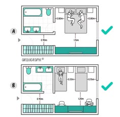 the floor plan for a small apartment with two separate rooms and one bedroom on each side