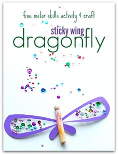 a dragonfly made out of paper and colored confetti with the words sticky wing dragonfly on it