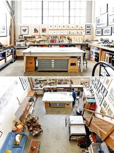 two pictures of the inside of a shop with lots of workbench and tables