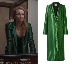 Long Green Coat, Satin Coat, Silk Jacket, Fashion Tv, Green Coat, The Outfit