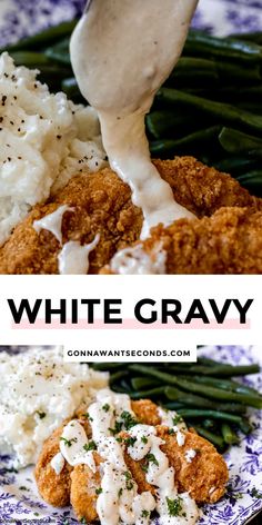 white gravy being drizzled over mashed potatoes and green beans