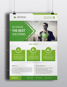 a green and white business flyer template with an image of a man in a suit